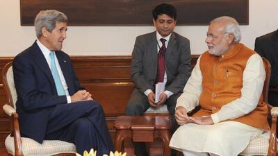 The US secretary of state John Kerry held his first meeting with the new Indian prime minister, Narendra Modi, in New Delhi on August 1, 2014. Press Information Bureau / Government of India / EPA