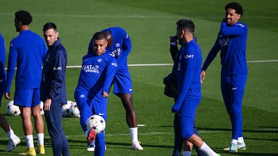 Paris Saint-Germain Kylian Mbappe during a training session at Camp des Loges on October, 4, 2022, on the eve of their Champions League match against Benfica. AFP