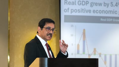Nandalal Weerasinghe, Governor of the Central Bank of Sri Lanka, speaks to bankers in Dubai about re-engaging with his country. Victor Besa / The National