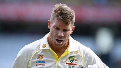 Australian batsman David Warner reacts after he was dismissed by England bowler Ollie Robinson for 94 runs. EPA