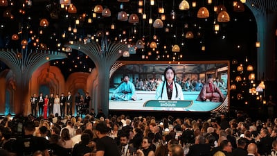 The main cast members of Shogun accept the award for outstanding performance by an ensemble in a drama series at the annual Screen Actors Guild Awards, at the Shrine Auditorium, Los Angeles. AP