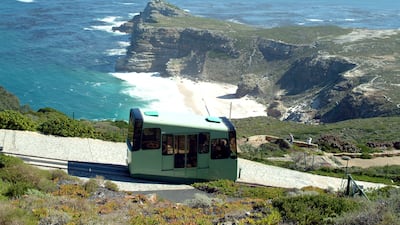 The Flying Dutchman Funicular railway backdrop of Diaz Beach Cape of Good Hope. Image from 2005.