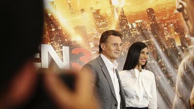 Shereen Mitwalli with Liam Neeson at the Taken 3 premiere in Dubai. Sarah Dea / The National