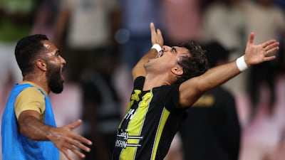 Al Ittihad's Jota celebrates after scoring against Al Wehda during the Saudi Pro League match at King Abdul Aziz Stadium in Makkah, on August 28, 2023. AFP