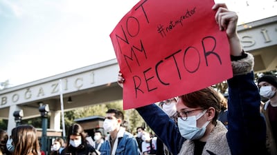 Students of Bogazici University hold a sign with the message 'Not My Rector'. Reuters