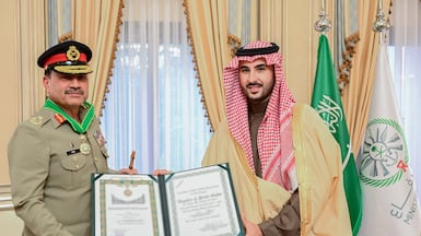 Saudi Arabia's Defence Minister Prince Khalid bin Salman with Pakistan’s Chief of Army Staff Field Marshal Asim Munir in Riyadh. Photo: @kbsalsaud