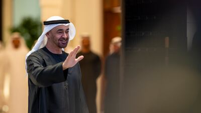 President Sheikh Mohamed bids farewell to Milojko Spajic, Prime Minister of Montenegro (not shown), after a meeting at Al Shati Palace