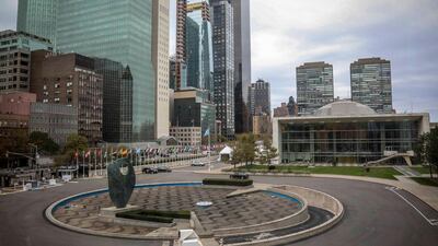 The iconic water fountain at the UN's New York headquarters, constructed with funds donated by school children from across the United States in 1952, is currently off because of the cash crisis. AP