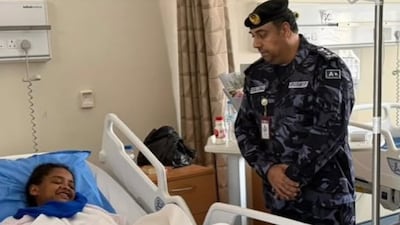 The deputy director of Fujairah Civil Defence visited the family and domestic helper in the hospital. Photo: Fujairah Civil Defence