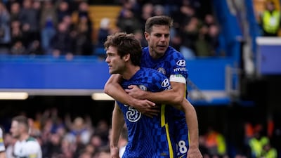 Chelsea's Marcos Alonso, left, celebrates with Cesar Azpilicueta after scoring his side's second goal. AP