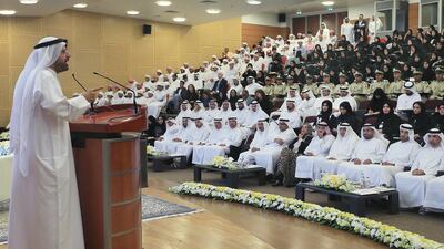 Dr Ali Rashid Al Noaimi, Vice Chancellor of the UAE University, delivers a speech at a political awareness forum hosted by Ministry of FNC Affairs at UAE University in Al Ain. Ravindranath K / The National