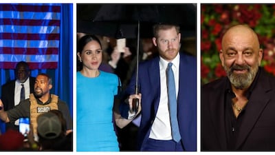 Kanye West running for US President, Megxit and Bollywood star Sanjay Dutt's recovery from cancer are among the biggest celebrity stories to have come out of 2020. AFP, AP, Alamy