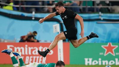 New Zealand's wing George Bridge jumps over Ireland's centre Robbie Henshaw during the Japan 2019 Rugby World Cup quarter-final match between New Zealand and Ireland at the Tokyo Stadium in Tokyo. AFP