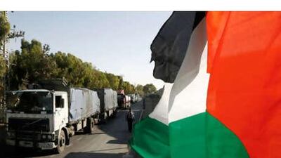 Lorries at the Kerem Shalom border crossing on June 10, 2010. Israel has eased the blockade of certain goods entering Gaza but Palestinian leaders say the blockade should be completely lifted.