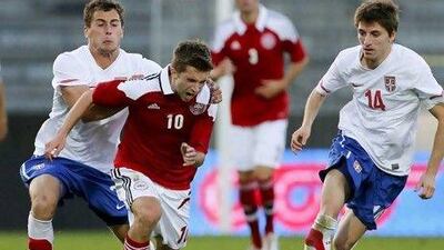 Denmark's Andreas Laudrup, centre, playing in the European Under 21 football championship.