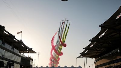 Etihad Airways and Al Fursan fly over ahead of the Abu Dhabi Formula One Grand Prix at Yas Marina Circuit in Abu Dhabi on November 27, 2016. Christopher Pike / The National