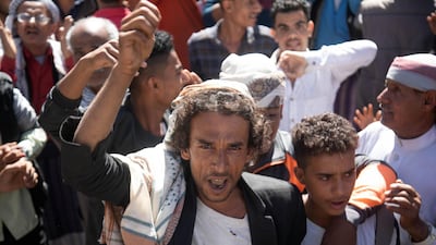 Opposers of Yemen's Houthi rebels shout slogans during a rally in support of the United States and the Trump administration's decision to apply the "terrorist" designation to the Iran-backed movement, in Yemen's third city of Taez. AFP