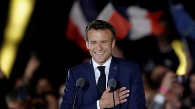 French President Emmanuel Macron arrives to deliver a speech after being re-elected, in Paris, France, on April 24. Reuters