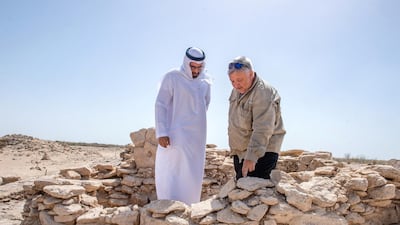 Mohamed Al Mubarak, chairman of the Department of Culture and Tourism Abu Dhabi, inspects the new discoveries on Marawah Island. Courtesy Department of Culture and Tourism - Abu Dhabi