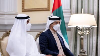Sheikh Zayed bin Mohamed and Sheikh Mansour bin Zayed, Deputy Prime Minister and Minister of Presidential Affairs, attend a meeting with Ms Sakellaropoulou at the Presidential Mansion.
