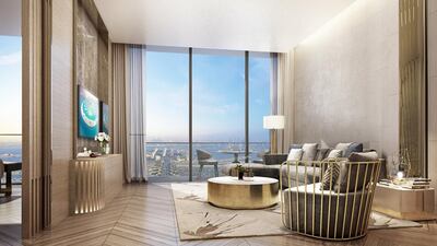 An apartment Living Room. There will be 252 one and two bedroom units (126 in each building), occupying 18 floors above the hotels. Courtesy Nakheel