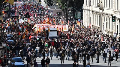 Protesters march in Rome calling for the release of the Global Sumud Flotilla, which was intercepted en route to Gaza. EPA