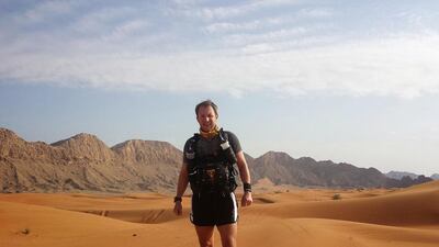 First-time ultra-marathoner Toby Gregory in desert racing gear and ready to tackle the UAE's first ultra-marathon. Courtesy Toby Gregory