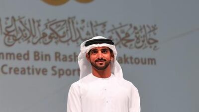 Sheikh Hamdan bin Mohammed, Dubai Crown Prince, attends a ceremony at Dubai World Trade Centre for the winners of the 8th Mohammed bin Rashid Al Maktoum Creative Sports Award on Monday. Wam