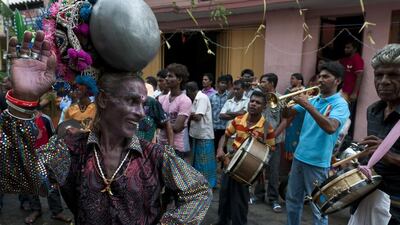 A photo of Dominic Sansoni's Kavadi dancer at a Hindu temple festival off Jampettah Street in Colombo 13. Courtesy Dominic Sansoni