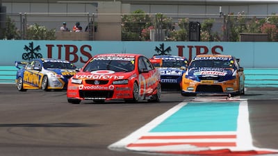 Jamie Whincup leads the pack during the second Supercars race at Yas Marina. Christopher Pike / The National