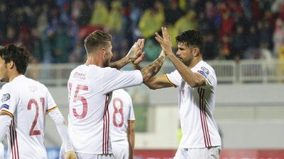 Diego Costa, right, scored the first goal for Spain in a comfortable 2-0 win against Albania. Florion Goga / EPA