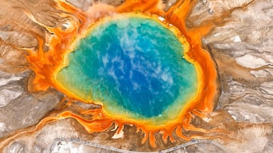 A bird's-eye view of the Grand Prismatic Spring in Yellowstone National Park, Wyoming. It is the largest hot spring in the US. Getty Images