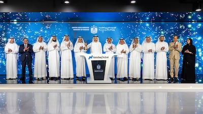 Mohamed Al Hussaini, Minister of State for Financial Affairs, ringing the opening bell as the UAE's inaugural sovereign retail T-sukuk programme is listed on Nasdaq Dubai. Photo: Ministry of Finance