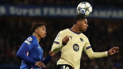 Barcelona's Marcus Rashford wins a header. AFP