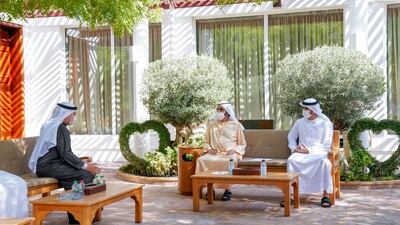 Sheikh Mohammed bin Rashid, Vice President and Ruler of Dubai, and Sheikh Hamdan bin Mohammed, Crown Prince of Dubai, meet Kuwaiti foreign minister, Ahmad Al Sabah, on Thursday. Wam