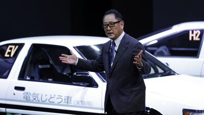 Akio Toyoda, president of Toyota, speaks at the Tokyo Auto Salon in Chiba, Japan. Bloomberg