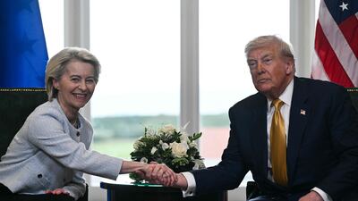 US President Donald Trump meeting European Commission President Ursula von der Leyen at Trump Turnberry golf course in South Ayrshire, Scotland. AFP