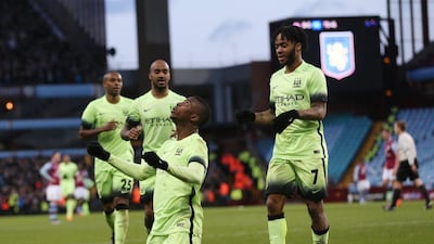 Kelechi Iheanacho celebrates scoring his third goal against Aston Villa in the FA Cup fourth round. Mark Thompson / Getty Images