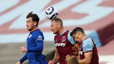 Chelsea's Ben Chilwell against West Ham United's Vladimir Coufal and Fabian Balbuena. Reuters