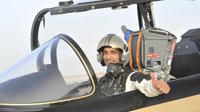 Lt Col Nasser Al Obaidli , leader of Al Fursan team who will take to the skies in the Al Ain Air Championship this month, gives the thumbs-up to his team’s chances. Courtesy Al Ain Air Championship