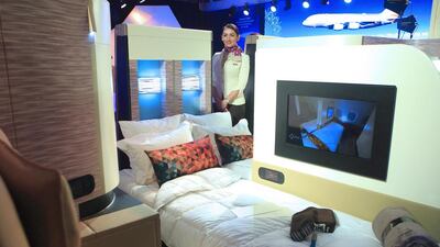 A mock-up of the First Apartment on Etihad's A380 at the official launch event of the airline's A380 services to Mumbai. Subhash Sharma for The National