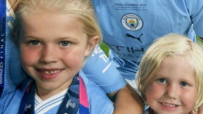 Michele De Bryune and Kevin De Bryune celebrate with their children following Manchester City's cup final win. Photo: @lacroixmichele / Instagram