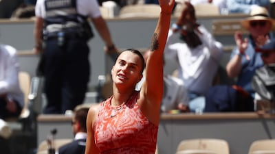 Aryna Sabalenka celebrates after winning her French Open fourth-round match against Emma Navarro 6-2, 6-3 at Roland Garros on Monday, June 3, 2024. Reuters