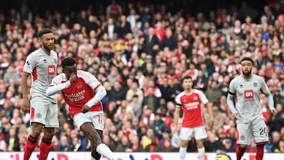Arsenal's Eddie Nketiah score the opening goal. AFP