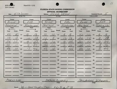 The official scorecards from Justin Gaethje v Tony Ferguson at UFC 249.