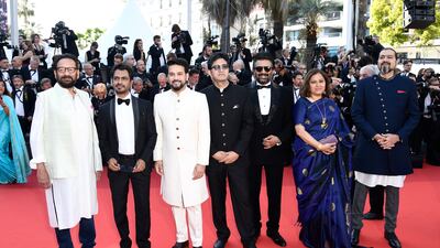 Director Shekhar Kapur, actor Nawazuddin Siddiqui, politician Anurag Thakur, lyricist and scriptwriter Prasoon Joshi, actor R Madhavan, politician Vani Tripathi and musician Ricky Kej at the opening ceremony of the Cannes Film Festival. Getty Images