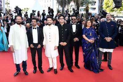 Director Shekhar Kapur, actor Nawazuddin Siddiqui, Indian minister Anurag Thakur, musician Prasoon Joshi, actor R Madhavan, politician Vani Tripathi and musician Ricky Kej on the opening night of the Cannes Film Festival. Getty Images