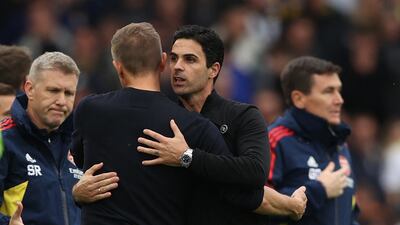 Leeds manager Jesse Marsch and Arsenal's Mikel Arteta after the match. Action Images