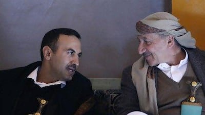 Brigadier Ahmed Ali Abdullah Saleh, left, the eldest son of the former president, Ali Abdullah Saleh, and commander of the Republican Guard, talks to a guest in Sanaa in January.