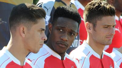 Arsenal’s Danny Welbeck, centre, was in Dubai on Monday and said he expects to be available for selection around the New Year. David Price / Getty Images